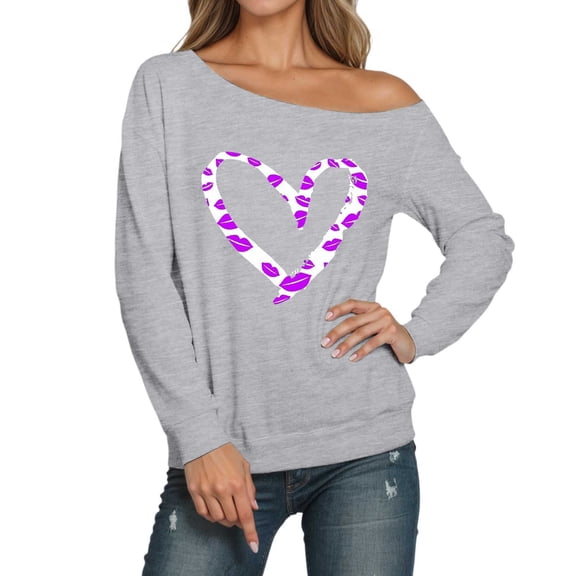Tshirts for Women's Long Sleeve Off Shoulder Sweatshirt Heart Printed Crewneck Pullover Hoodless Casual Tops for Fall Winter Valentine's Day A-Grey L