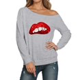 thumbnail image 1 of Tshirts for Women's Long Sleeve Off Shoulder Sweatshirt Lips Printed Crewneck Pullover Hoodless Casual Tops for Fall Winter Valentine's Day A-Grey L, 1 of 4