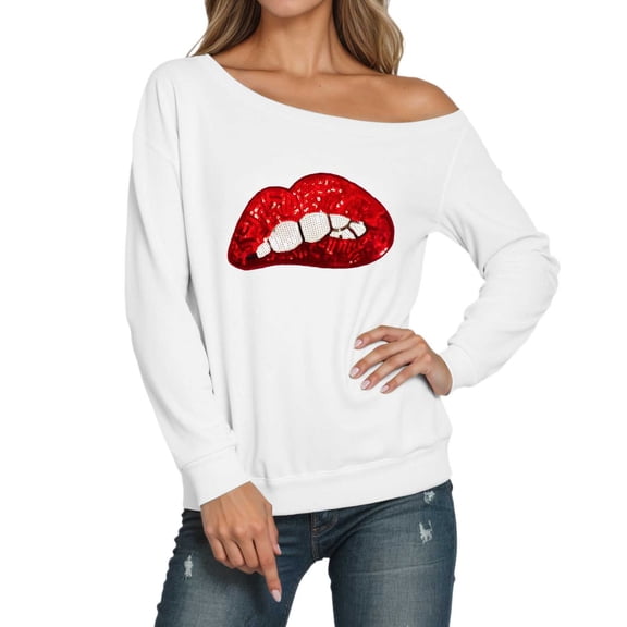 Tshirts for Women's Long Sleeve Off Shoulder Sweatshirt Lips Printed Crewneck Pullover Hoodless Casual Tops for Fall Winter Valentine's Day A-White L