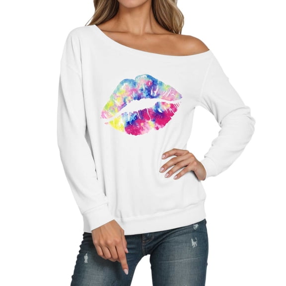 Tshirts for Women's Long Sleeve Off Shoulder Sweatshirt Lips Printed Crewneck Pullover Hoodless Casual Tops for Fall Winter Valentine's Day A-White M