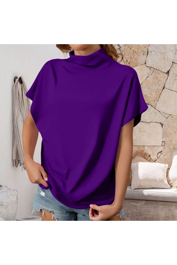 Tshirts for Women's Summer Solid Color High Neck Loose Casual Short Sleeved T Shirt Top Ladies Tops and Blouses