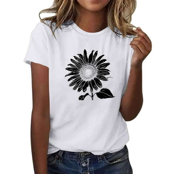 Tshirts for Womens Funny Sun Flower Graphic Summer Tees Short Sleeve Loose Fit Trendy Tops Fashion Vacation Clothes 2025