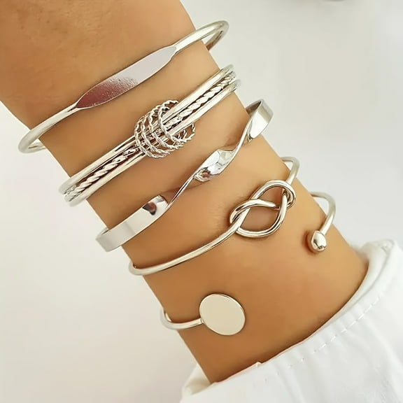Tshsdpx 5 Pcs Women Opening Bracelets Different Shapes Polished Alloy Stackable Bangle Set Adjustable Size Jewelry for Parties Occasions