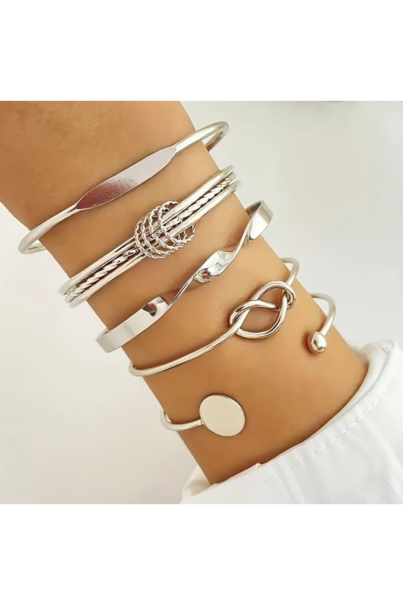 5 Pcs Women Opening Bracelets Different Shapes Polished Alloy Stackable Bangle Set Adjustable Size Jewelry for Parties Occasions