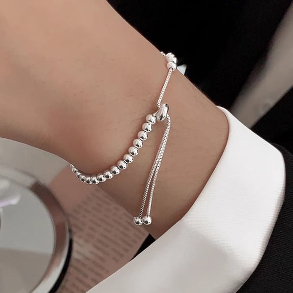 Tshsdpx Adjustable Bolo Bead Bracelet Handmade Silver Bead Slider Bracelet for Women Alloy Chain Bracelet Gift for Anniversaries Birthdays Christmas