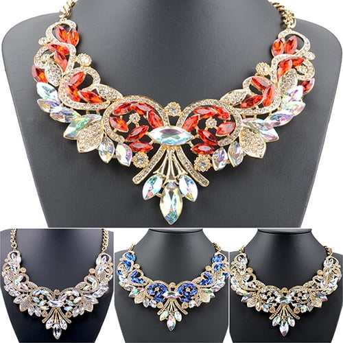 Tshsdpx Colorful Rhinestone Flower Pendent Chain Choker Statement Collar Bib Necklace