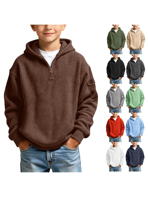 Boys Hoodies Waffle Knit Quarter Zip Long Sleeve Sweatshirts Solid Color Casual Daily Kids Pullover Sweatshirt,(Size 110,Brown)