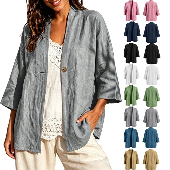 Tsivenald Cardigan Sweaters for Women Open Front 3/4 Sleeve Sweather Jaclets Lightweight Cotton Linen Fall Outfits Womens Tops, (Gray Size S-XXL)