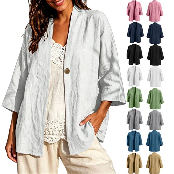 Tsivenald Cardigan Sweaters for Women Open Front 3/4 Sleeve Sweather Jaclets Lightweight Cotton Linen Fall Outfits Womens Tops, (White Size S-XXL)