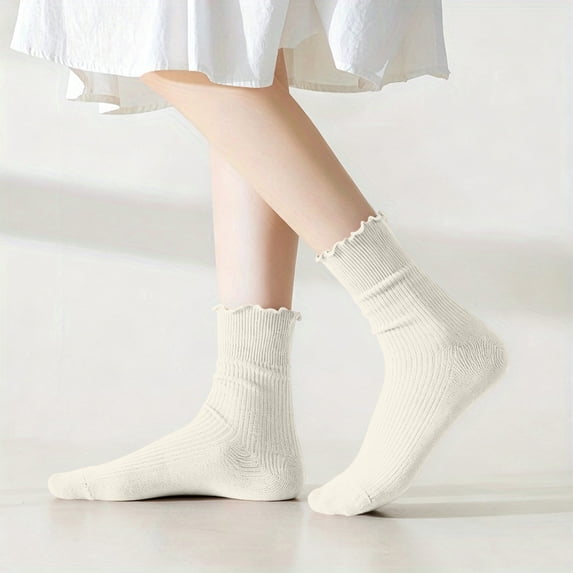 Tsivenald Cotton Socks for Women Ruffle Turn-Cuff Casual Crew Socks Breathable Cool Knit Cotton Lettuce Ankle Frilly Sock 1 Pack