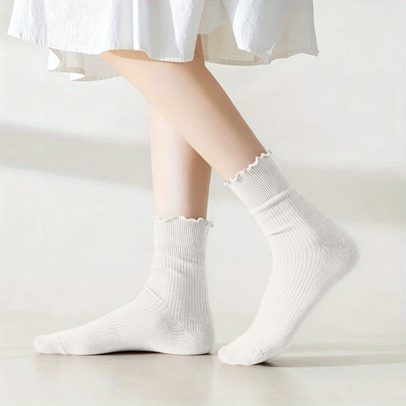 Tsivenald Cotton Socks for Women Ruffle Turn-Cuff Casual Crew Socks Breathable Cool Knit Cotton Lettuce Ankle Frilly Sock 1 Pack