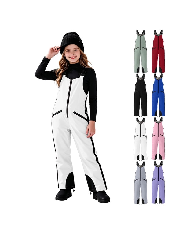 Girls Snow Bib Overalls Front Zipper Ski Bib Pants Waterproof Windproof Insulated Adjustable Straps Side Pockets Winter Snowboarding Snow Pants