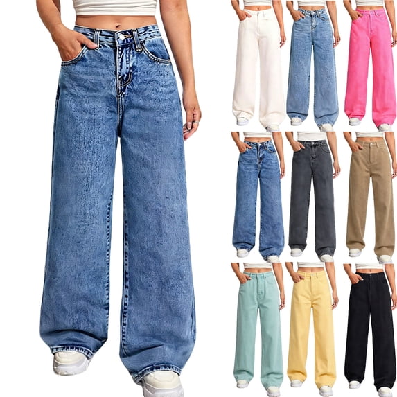 Tsivenald Jeans for Womens Wide Leg High Waist Stretchy Denim Pants Casual Baggy Jean Trousers Size S-XXL