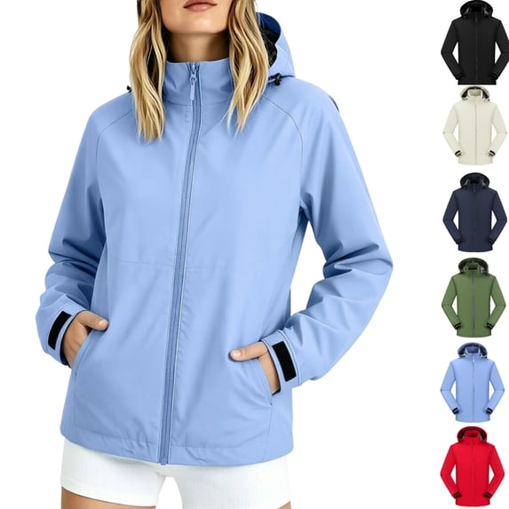 Tsivenald Ladies Outdoor Waterproof Jacket Hooded Jacket With Pockets, Light Blue M-4XL
