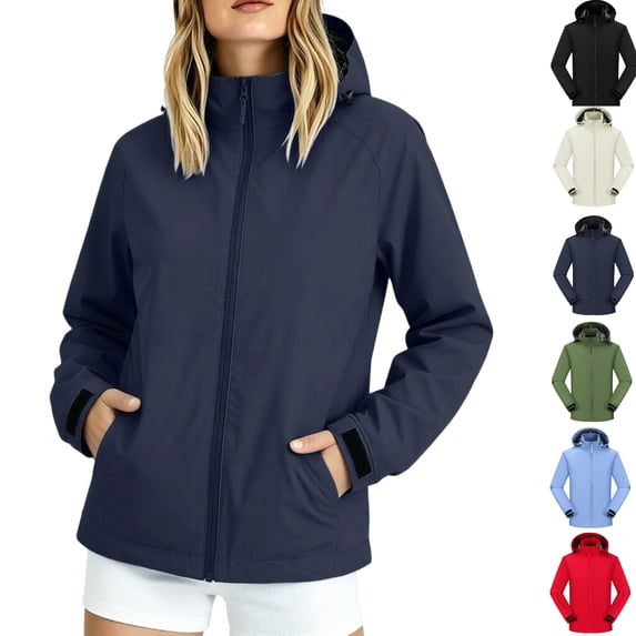 Tsivenald Ladies Outdoor Waterproof Jacket Hooded Jacket With Pockets, Navy M-4XL
