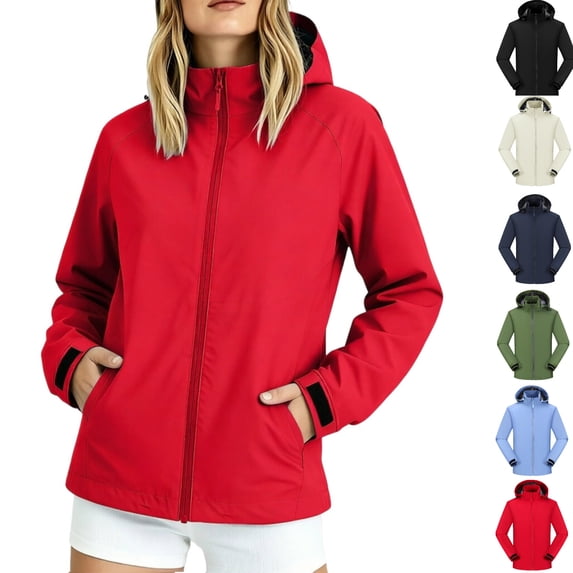 Tsivenald Ladies Outdoor Waterproof Jacket Hooded Jacket With Pockets, Red M-4XL