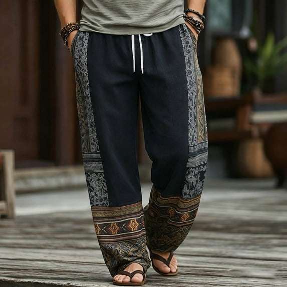 Tsivenald Linen Pants Men Baggy Harem Vacation Trousers Ethnic Printed Patchwork Breathable Loose Fit Mens Bohemian Beach Bottoms