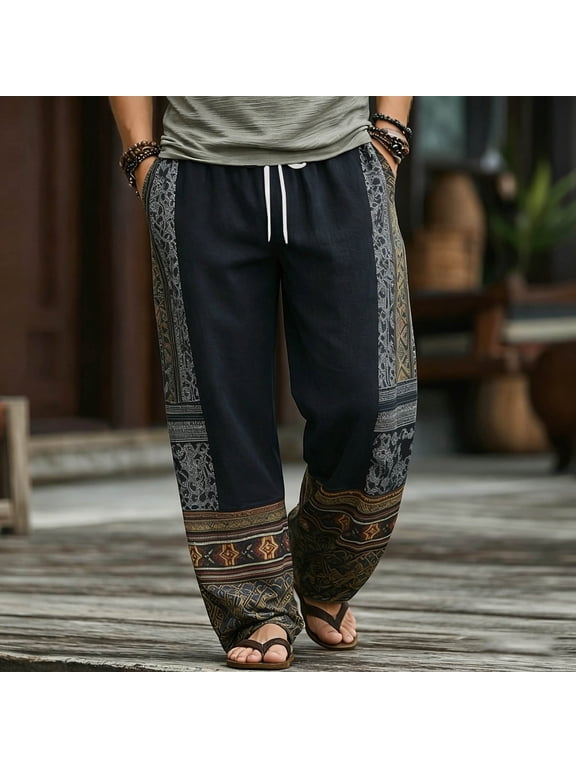 Linen Pants Men Baggy Harem Vacation Trousers Ethnic Printed Patchwork Breathable Loose Fit Mens Bohemian Beach Bottoms