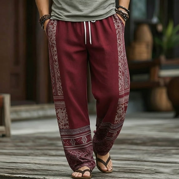 Tsivenald Linen Pants Men Baggy Harem Vacation Trousers Ethnic Printed Patchwork Breathable Loose Fit Mens Bohemian Beach Bottoms