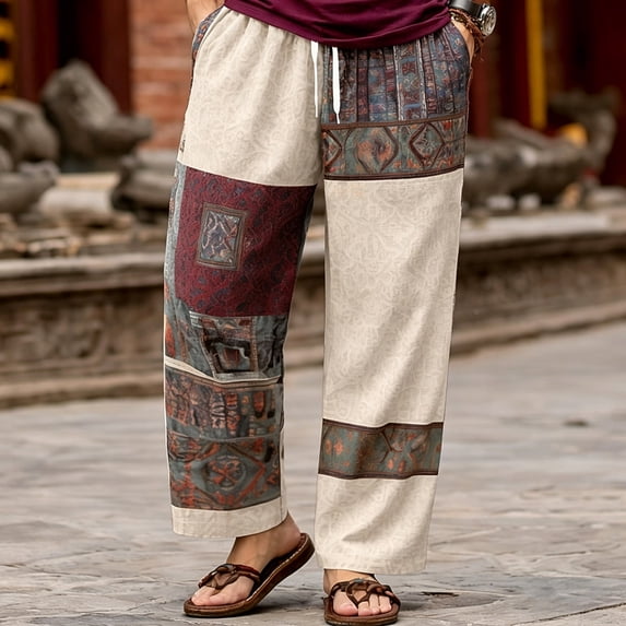 Tsivenald Linen Pants Men Wide Leg Resort Leisure Trousers Retro Patchwork Ethnic Pattern Wrinkle Resistant Side Pocket Mens Beach Bottoms