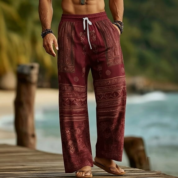 Tsivenald Linen Pants for Men Straight Leg Daily Trousers with Tribal Print and Elastic Waist Drawstring Mens Casual Pants