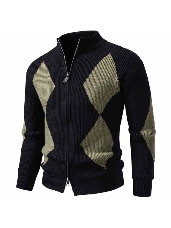 Mens Argyle Diamond Full Zip Stand Collar Knit Cardigan Long Sleeve Casual Sweater Jacket