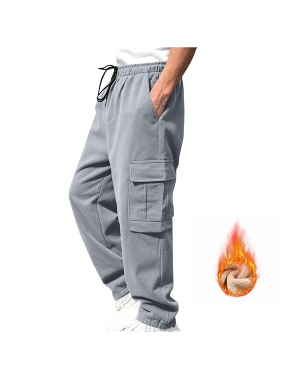 Mens Cargo Pants Regular Fit Drawstring Waist Solid Color Fleece Lined Multi Pocket with Pockets Casual Everyday Trousers