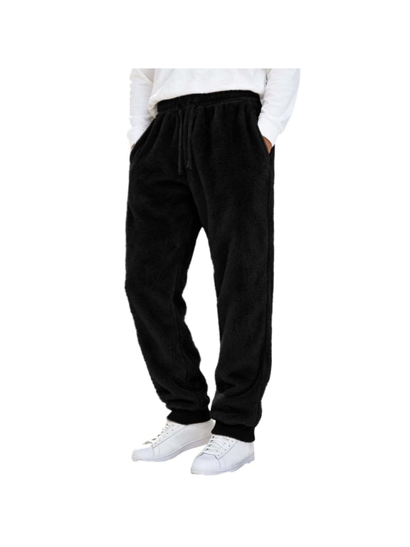 Mens Casual Pants Cuffed Elastic Waist Solid Color Fleece Lined with Pockets Casual Everyday Trousers