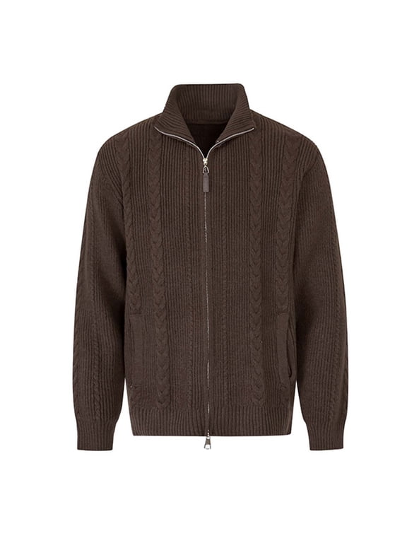 Mens Full Zip Stand Collar Cable Knit Cardigan Long Sleeve Casual Outerwear Jacket