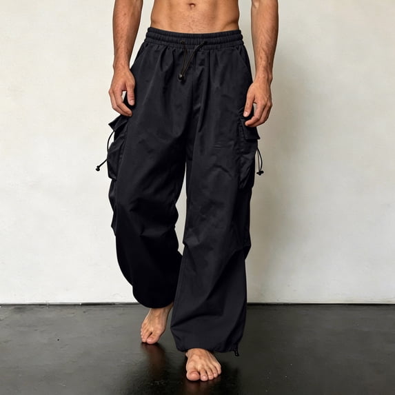 Tsivenald Mens Parachute Cargo Pants Adjustable Drawstring Hem Elastic High Waist Oversized Baggy Multi Side Pocket Streetwear Wide Leg Pants