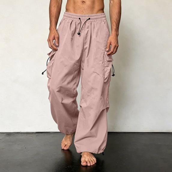 Tsivenald Mens Parachute Cargo Pants Adjustable Drawstring Hem Elastic High Waist Oversized Baggy Multi Side Pocket Streetwear Wide Leg Pants