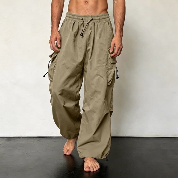 Tsivenald Mens Parachute Cargo Pants Adjustable Drawstring Hem Elastic High Waist Oversized Baggy Multi Side Pocket Streetwear Wide Leg Pants
