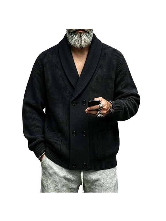 Mens Shawl Collar Double Breasted Knit Cardigan Long Sleeve Casual Sweater with Pockets