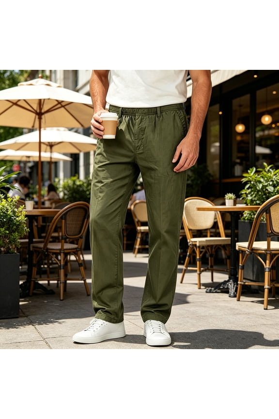 Mens Straight Leg Chino Pants Elastic Stretch Waistband Hidden Drawstring Wrinkle Resistant Office Everyday Trousers