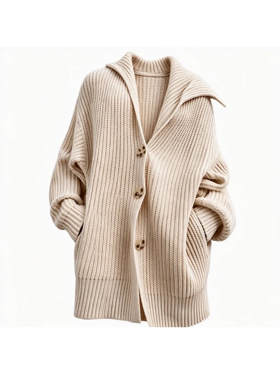 Plus Size Womens Chunky Knit Cardigan Lapel Collar Button Front Long Sleeve Oversized Sweater Coat with Pockets, Size S-5XL