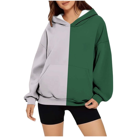 Tsivenald Pullover Hoodie Half And Half Solid Color Split Patchwork Long Sleeve Sweatshirts Relaxed Loose Fit Casual Tops for Women with Kangaroo Pocket Womens Loungewear