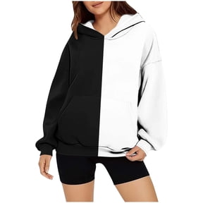 Tsivenald Pullover Hoodie Half And Half Solid Color Split Patchwork Long Sleeve Sweatshirts Relaxed Loose Fit Casual Tops for Women with Kangaroo Pocket Womens Loungewear