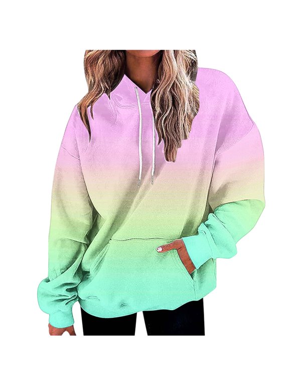 Pullover Hoodie Hot Pink Nude Two Tone Gradient Long Sleeve Sweatshirts Relaxed Oversized Fit Casual Tops for Women with Kangaroo Pocket Womens Loungewear