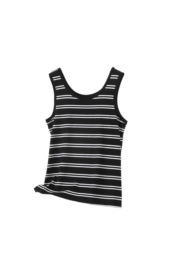 Tank Tops for Women Horizontal Stripe Print Blouses U Neck Curved Hem Slim Fit Stretchy Shirts Summer Outfits