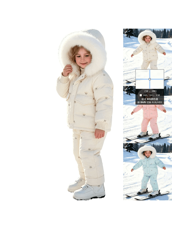 Toddler Girls 2 Piece Snowsuit Set Large Faux Fur Hood Embroidered Ski Jacket and Snow Pants Waterproof Windproof Insulated Warm Winter Skiing Snow Play Outfit