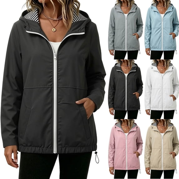 Tsivenald Women's Solid Color Jacket And Winter Fashion Casual Striped Lining Waterproof Hem Drawstring Hooded Drawstring Jacket, Black S-2XL