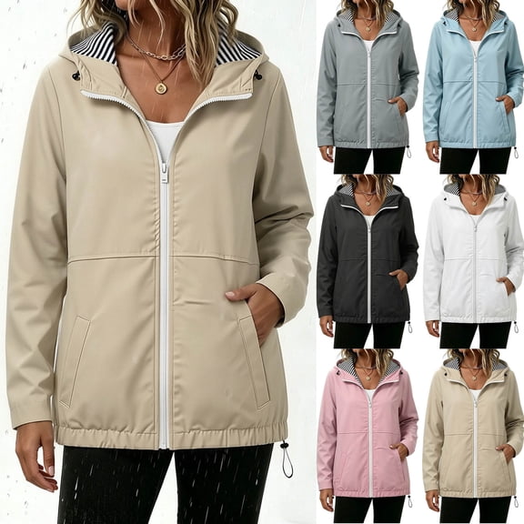 Tsivenald Women's Solid Color Jacket And Winter Fashion Casual Striped Lining Waterproof Hem Drawstring Hooded Drawstring Jacket, Khaki S-2XL