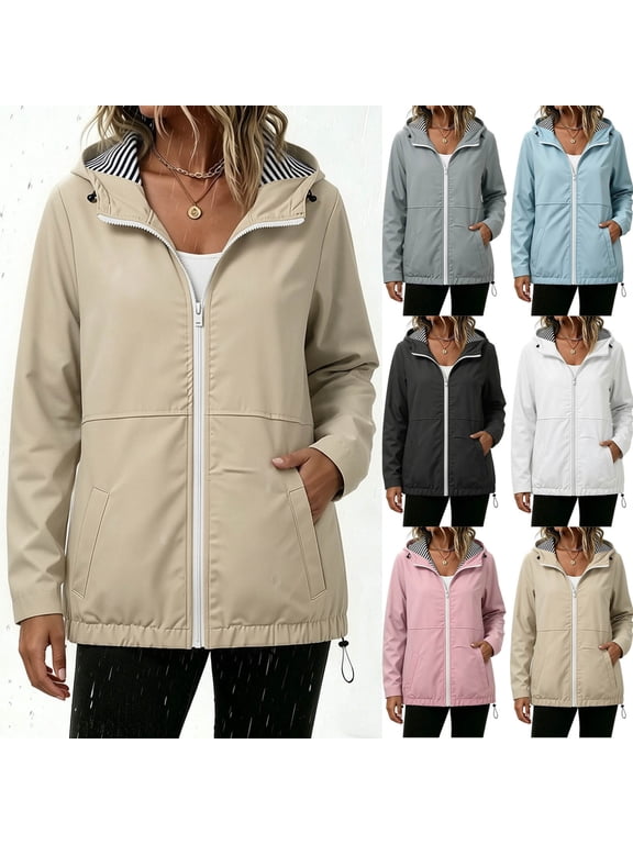 Women's Solid Color Jacket And Winter Fashion Casual Striped Lining Waterproof Hem Drawstring Hooded Drawstring Jacket, Khaki S-2XL