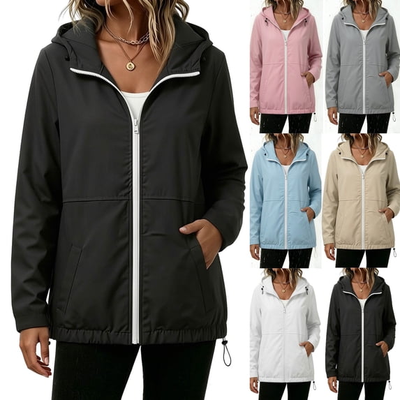 Tsivenald Women's Solid Color Jacket And Winter Fashion Casual Waterproof Hem Drawstring Hooded Drawstring Jacket, Black S-2XL