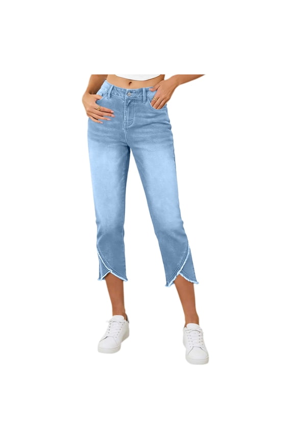 Womens Capri Jeans Denim Mid Rise Frayed Tulip Hem Cropped Pants with Pockets Casual Slim Fit Daily Wear