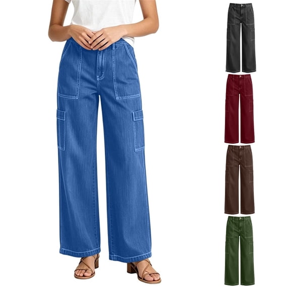 Tsivenald Womens Cargo Jeans High Waist Multi Utility Pockets Loose Straight Leg Classic Denim Workwear Trousers