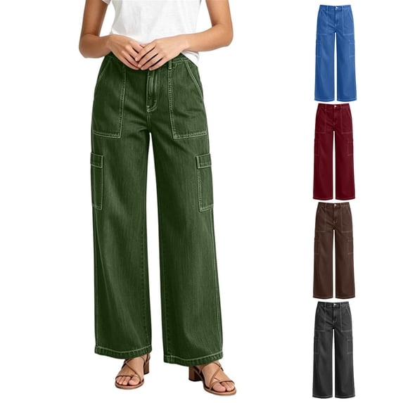 Tsivenald Womens Cargo Jeans High Waist Multi Utility Pockets Loose Straight Leg Classic Denim Workwear Trousers