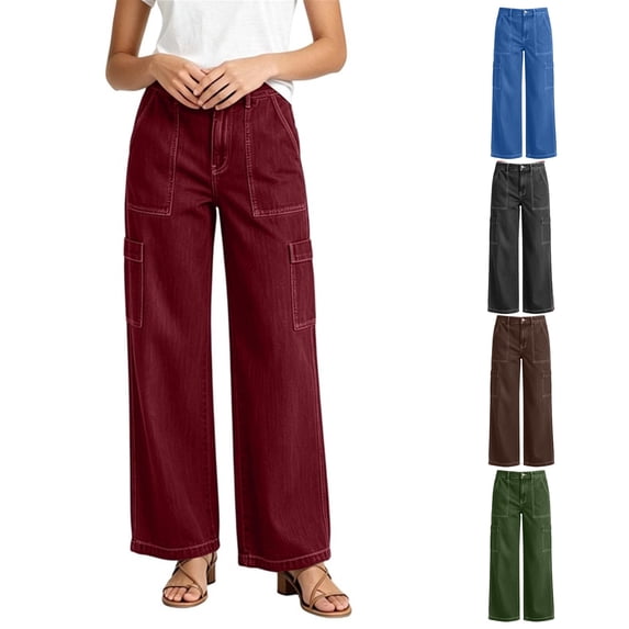 Tsivenald Womens Cargo Jeans High Waist Multi Utility Pockets Loose Straight Leg Classic Denim Workwear Trousers