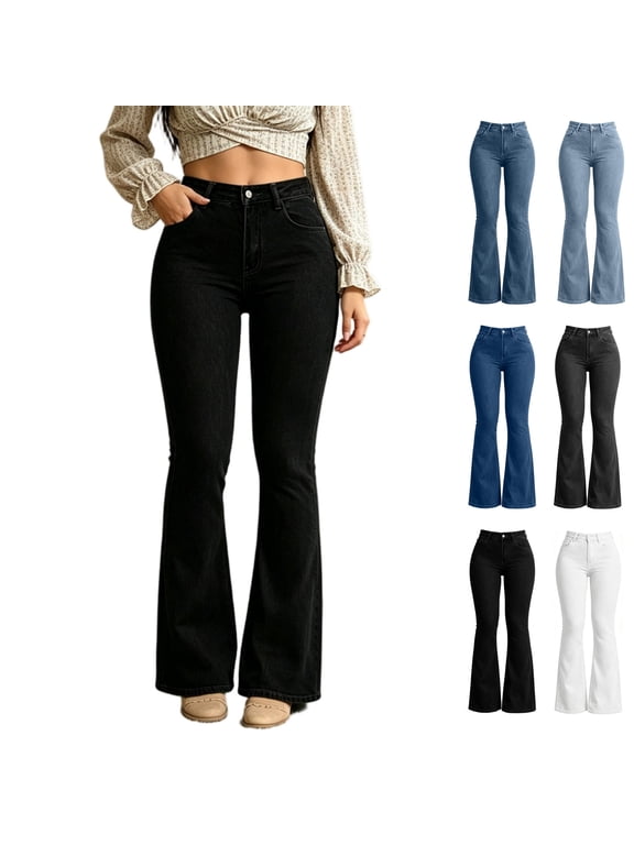 Womens Flare Jeans High Waist Slim Fit Bell Bottoms Classic Pocket Stretch Bootcut Denim Pants for Women