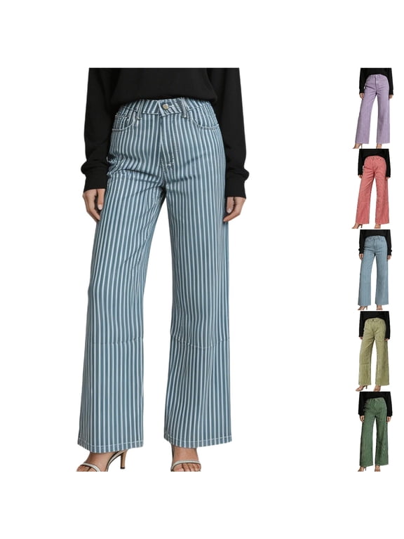 Womens Jeans High Waist Vertical Striped Print Button Fly Flared Leg Classic Five Pocket Denim Casual Pants